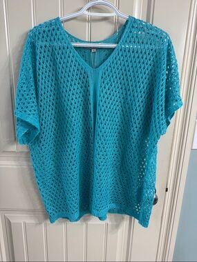 Womens Open Knit V-Neck Sweater - Turquoise